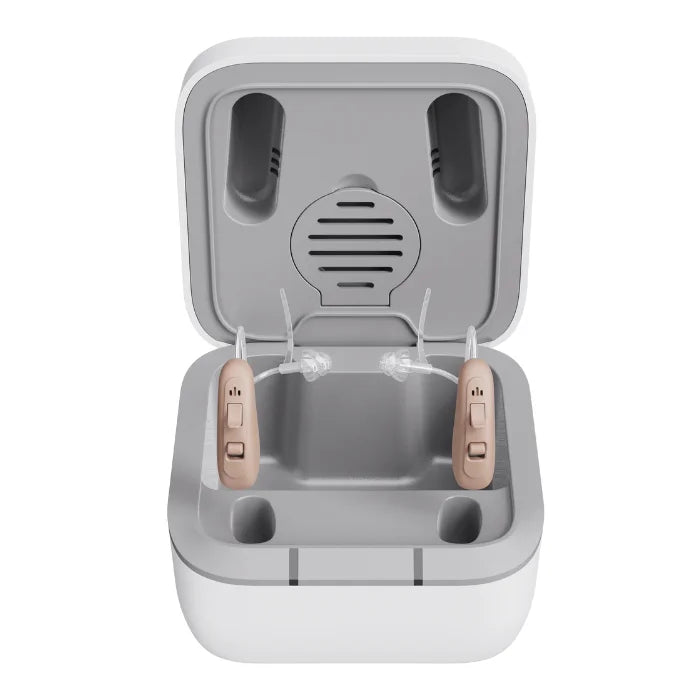 Solid over the counter hearing aids with the charging case, open space to carry additional accessories.