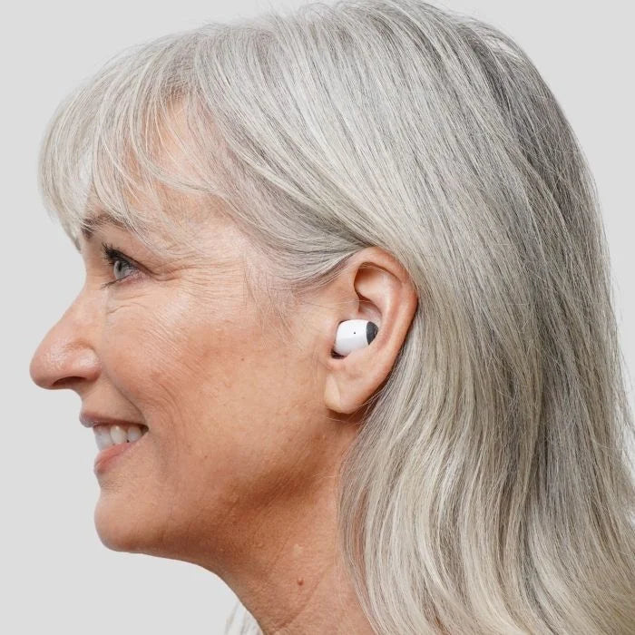 Ceretone Style over the counter hearing aid side view. Designed to be discreet and powerful, with noise reduction.