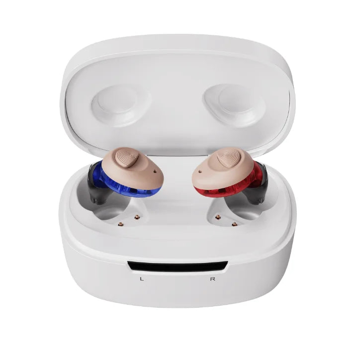 Torch OTC in the canal hearing aid in the charging case.