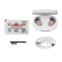 Ceretone Torch over the counter hearing aids what comes included in the box. Ear tips, torch hearing aid, hearing aid case, hearing aid cleaning tool, and a USB-C charging cable.