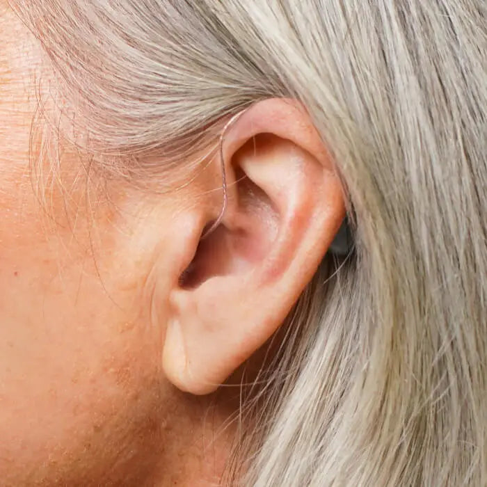 Ceretone Beacon behind the ear otc hearing aid zoom in of  discreet hearing aid design.
