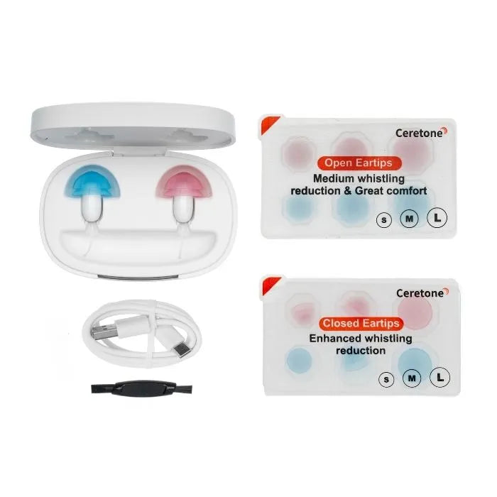 Ceretone core one hearing aid item and accessory view of different ear tip sizes and items that are included with the hearing aid
