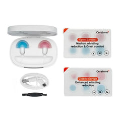 Ceretone core one hearing aid item and accessory view of different ear tip sizes and items that are included with the hearing aid