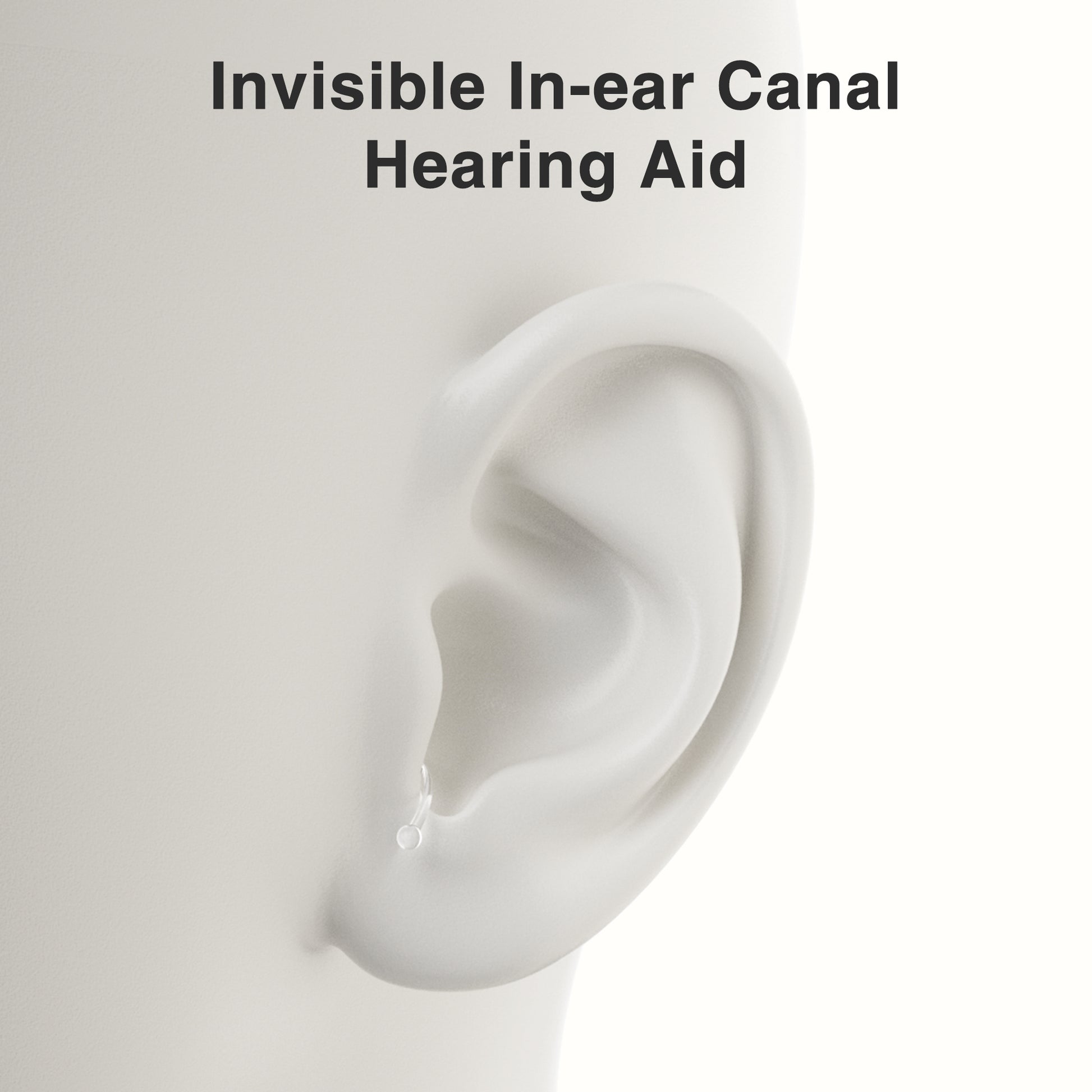 Invisible in-ear canal hearing aid on a white ear model with a plain background