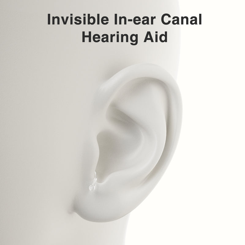 Invisible in-ear canal hearing aid on a white ear model with a plain background