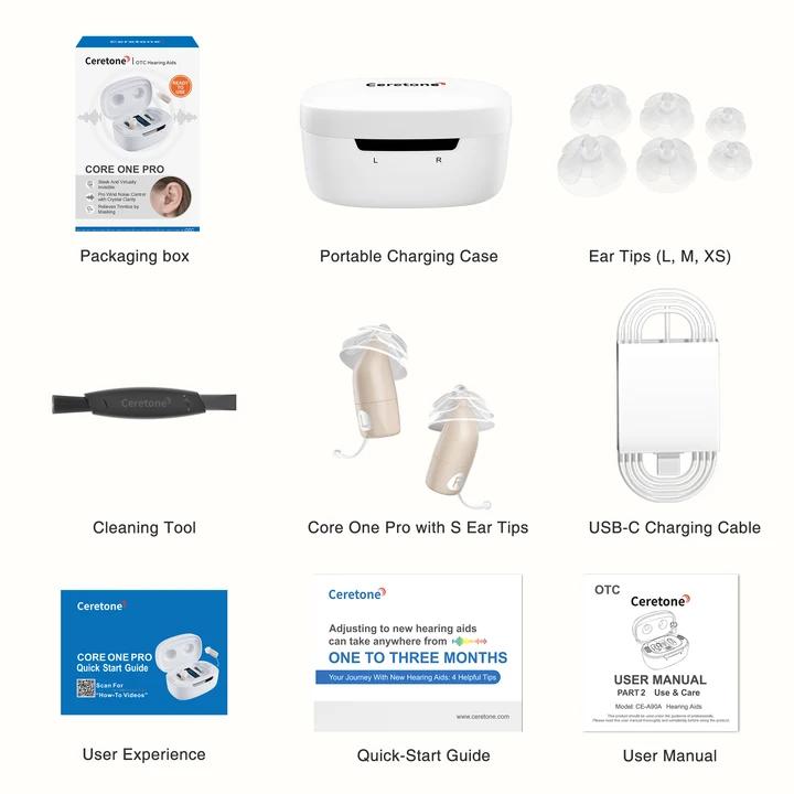 Ceretone hearing aid product set with packaging, charging case, ear tips, cleaning tool, and accessories.