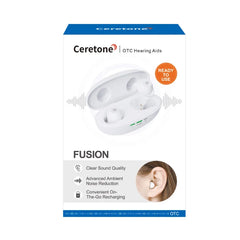 Ceretone Fusion OTC hearing aids box and packaging. Clear sound quality, advanced noise reduction, rechargeable. 