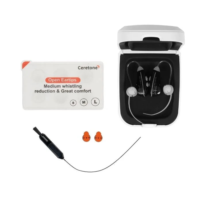 Ceretone over the counter hearing aids what is in the box for behind the ear battery replaceable hearing aids, included are ear tips, Nexus hearing aids, cleaning tool, two a13 batteries