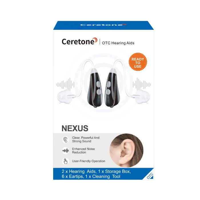 Ceretone OTC hearing aids Nexus box and packaging clear and powerful sound, enhanced noise reduction, and easy to operate.
