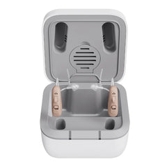 Solid over the counter hearing aids with the charging case, open space to carry additional accessories. 