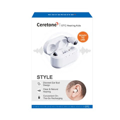 Ceretone Style over the counter hearing aids box and packaging. Discreet ear bud design, clear and natural hearing, rechargeable. 