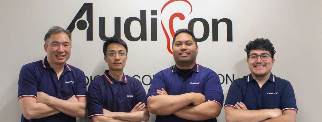 Ceretone by Audicon OTC hearing aid team located in Ontario California. Left to right Brandon, Lincoln, Bryan, and Emmanuel. 