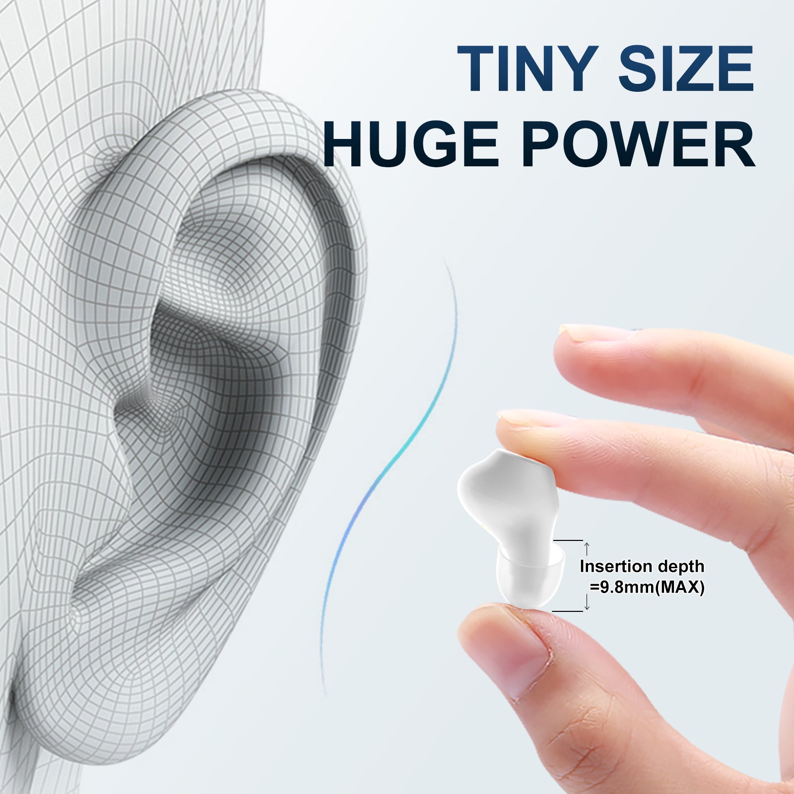 Fusion hearing aid - showing the hearing aid being inserted into an ear held between fingers