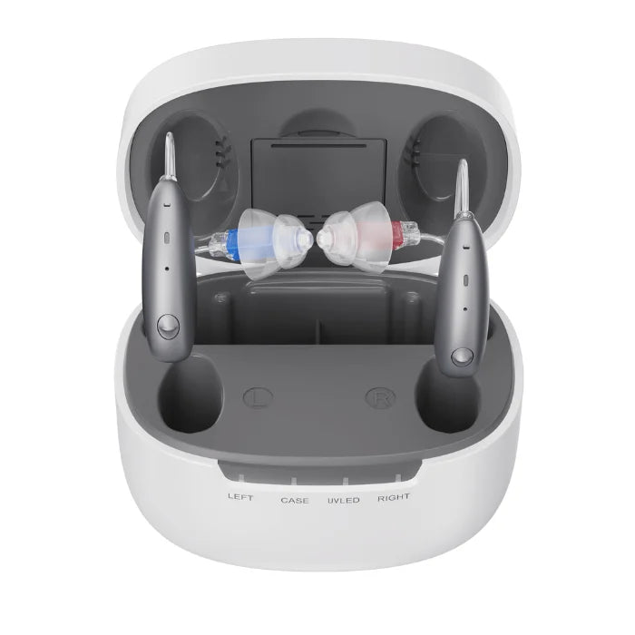 Ceretone Beacon behind the ear over the counter hearing aid device in charger.