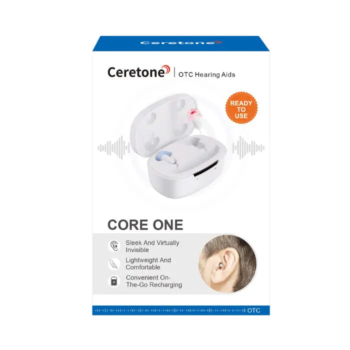 Ceretone Core One OTC hearing aids box and packaging.