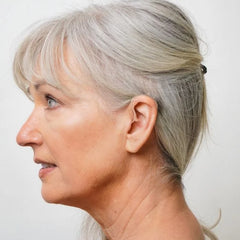 Solid over the counter hearing aids side view of device on the ear.