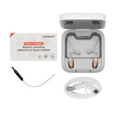 What is included with Solid over the counter hearing aids, small medium and large ear tips, charging case, solid otc hearing aids, cleaning tool, and a usb c charger.