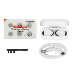Accessories included with Style over the counter hearing aids. Included are ear tip sizes, the charging case, style otc hearing aids, a cleaning tool, and a usb c charging tool.